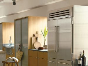 Stainless steel Sub-Zero Pro48 in a light colored kitchen